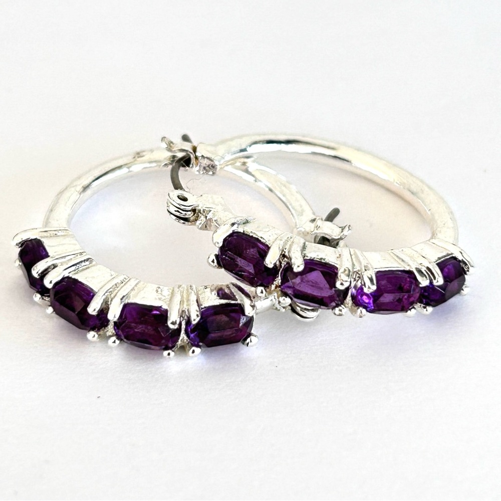 Elegant Silver and Purple Hoop Earrings Silver Tone